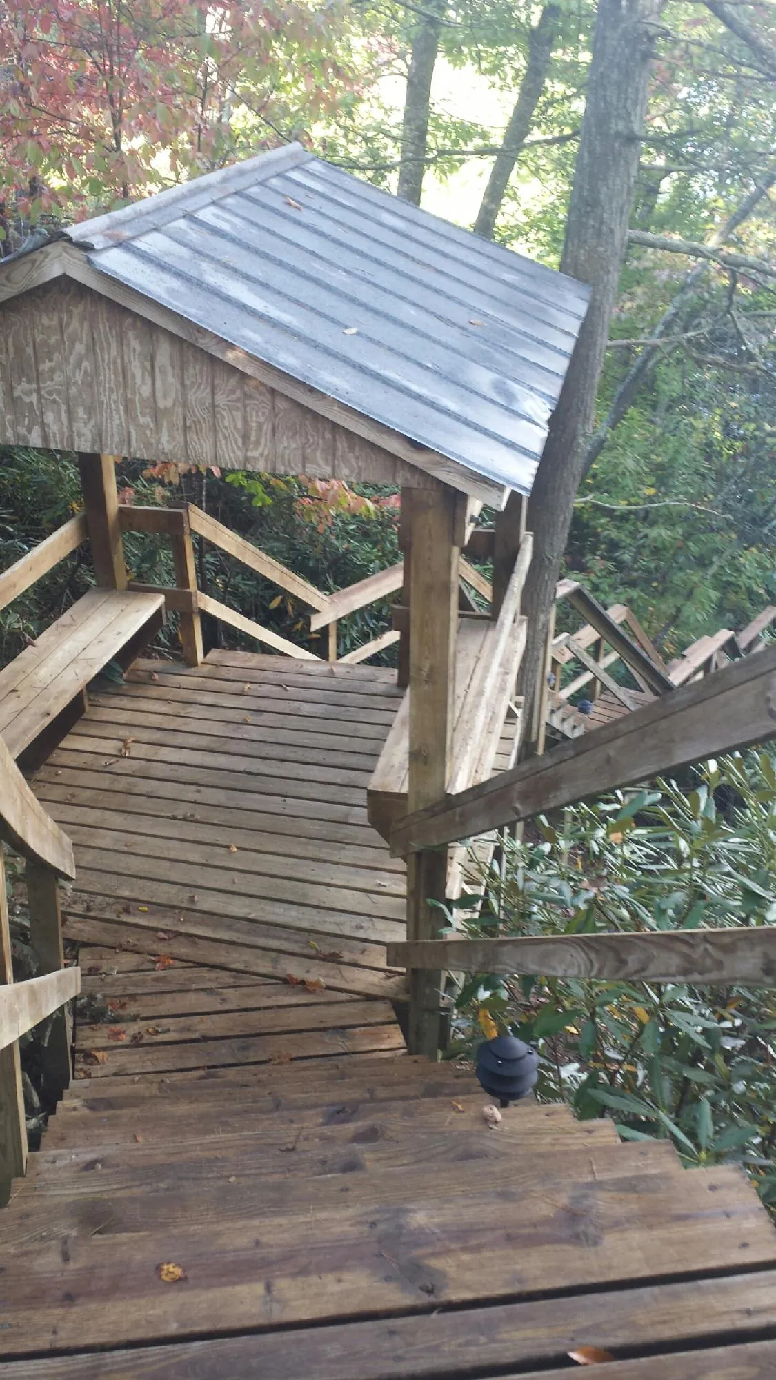 Metal roofed shelter over wooden steps on a wooded walkway — Skylight Repair & Installation work by our crew in Vandergrift